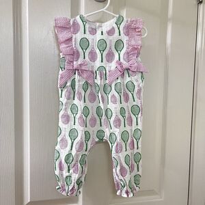 Mud Pie Tennis Print Longall Romper Jumpsuit Pink Green Girls SZ 6-9 Months NWT